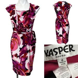 Kasper dress size 4 floral multicolor‎ tie-waist sheath office ruffle career -13
